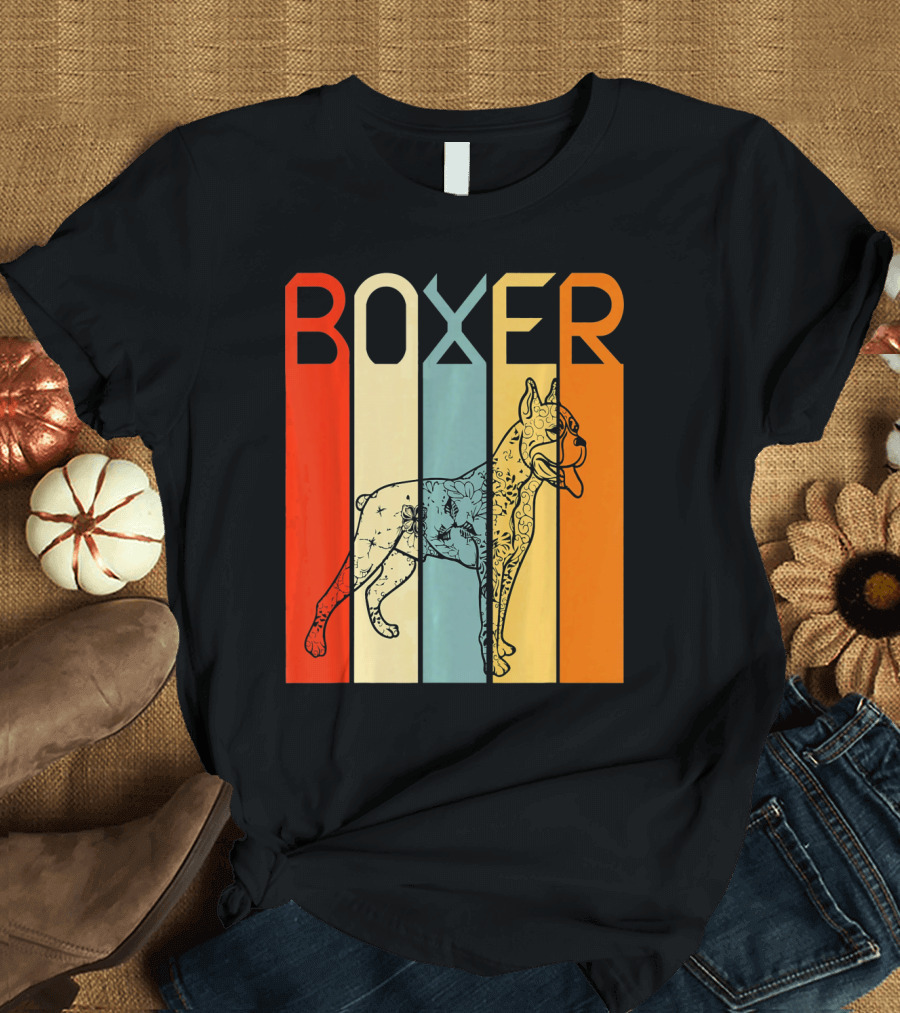 Boxer Dog Retro Stripes Outline T-Shirt