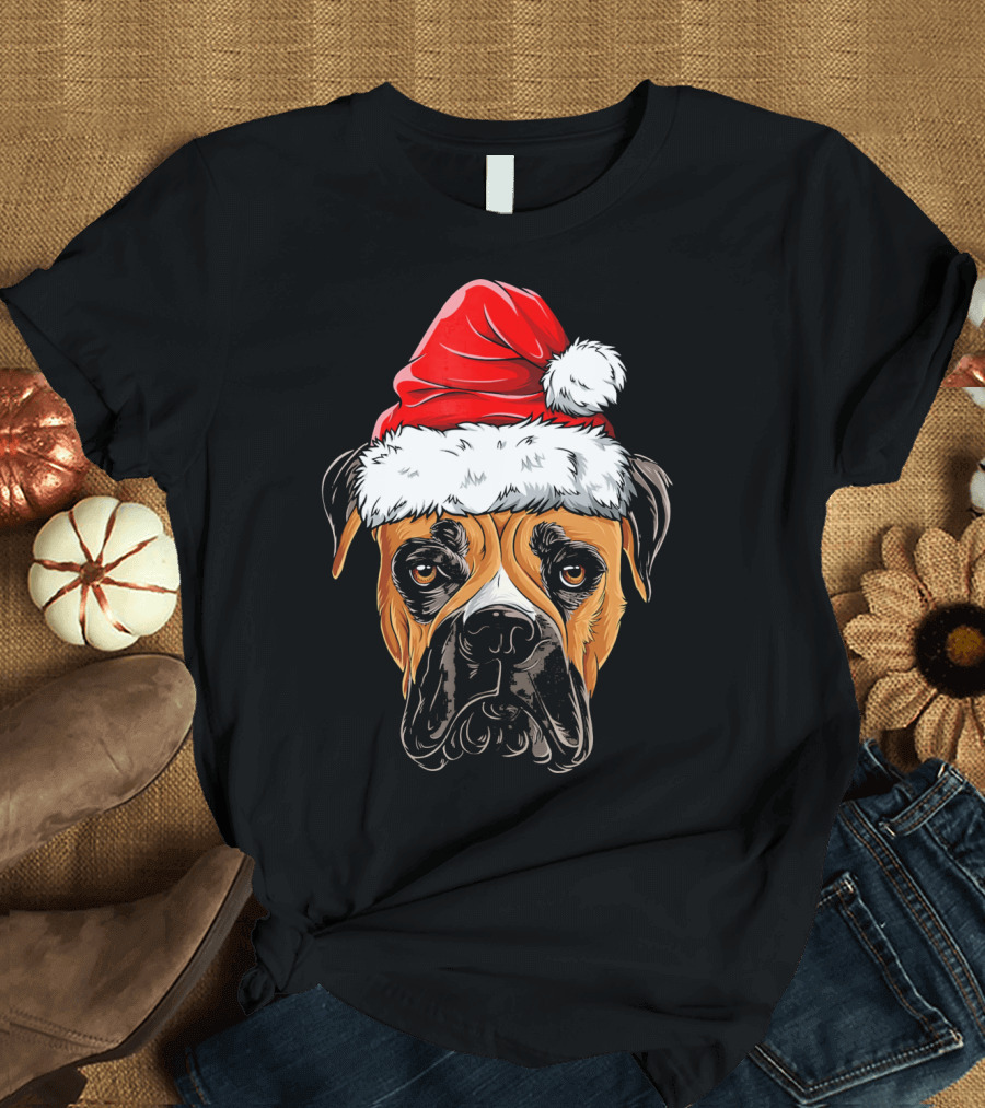 Boxer Dog Wearing Santa Hat T-Shirt