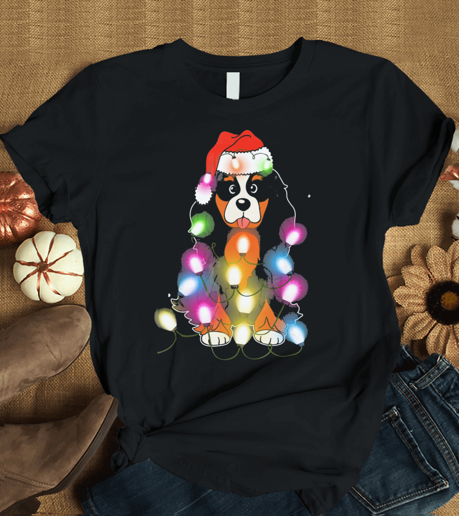 Cavalier King Charles Spaniel Festive Christmas Lights with Santa Hat T-Shirt