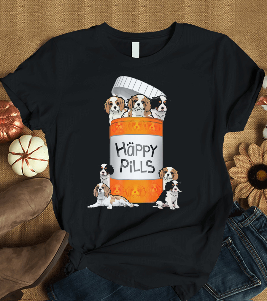 Cavalier King Charles Spaniel Happy Pills Illustration with Puppies in Pill Bottle T-Shirt