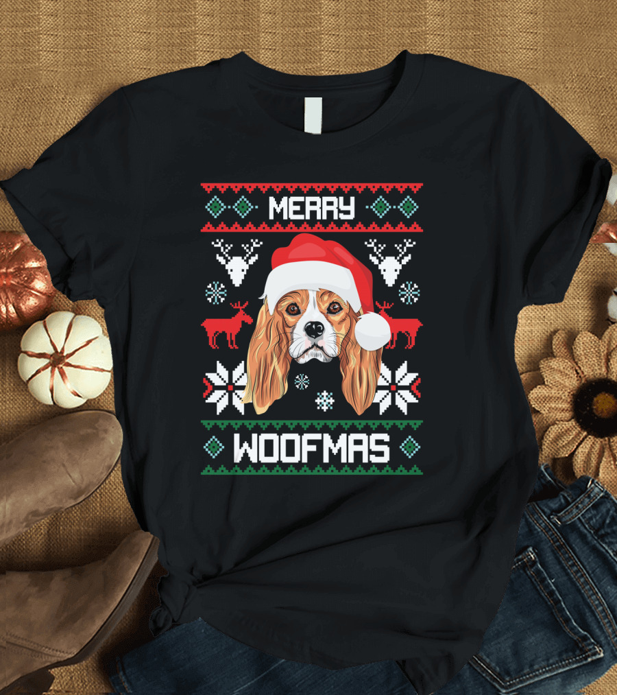 Merry Woofmas Cavalier King Charles Spaniel Santa Hat Reindeer Snowflakes Christmas Sweats T-Shirt