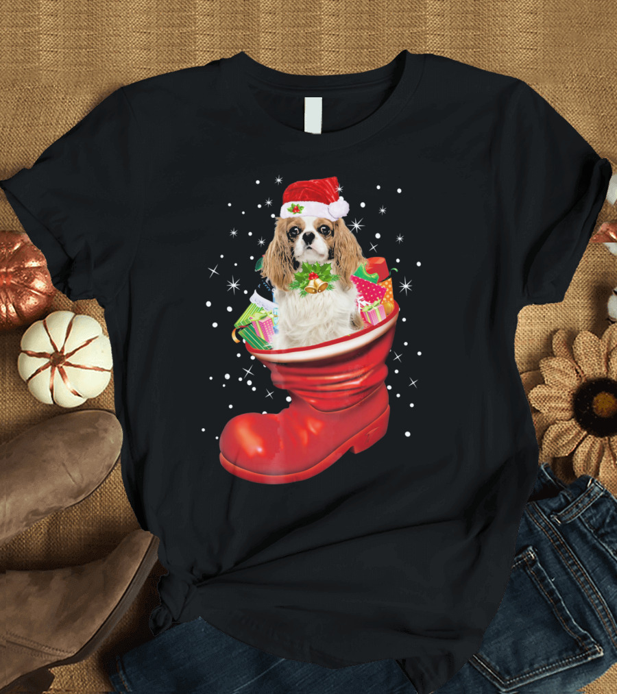 Cavalier King Christmas Dog in Festive Boot with Gifts T-Shirt