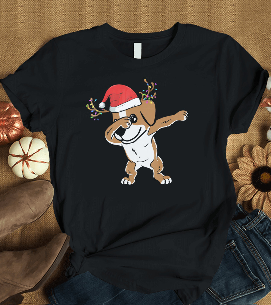Christmas Jack Russell Terrier with Santa Hat and Reindeer Antlers Dabbing Dab T-Shirt