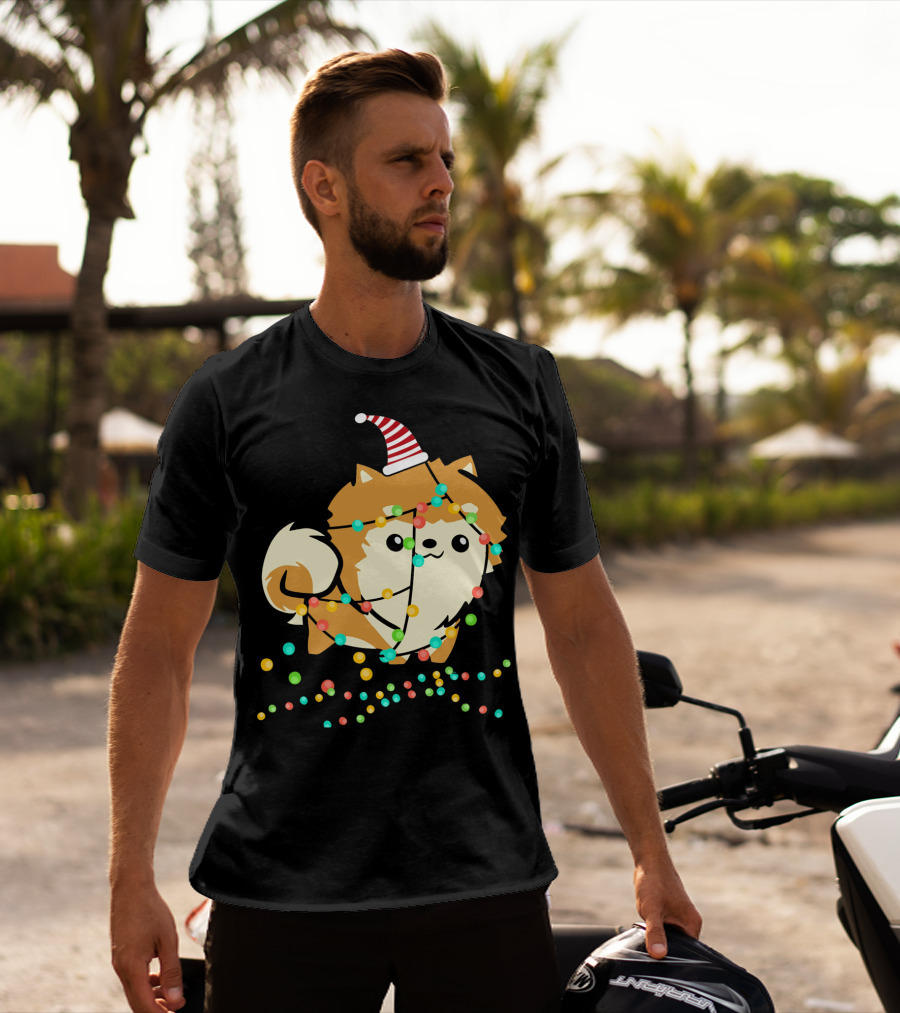 Christmas Lights Pomeranian Santa Hat T-Shirt