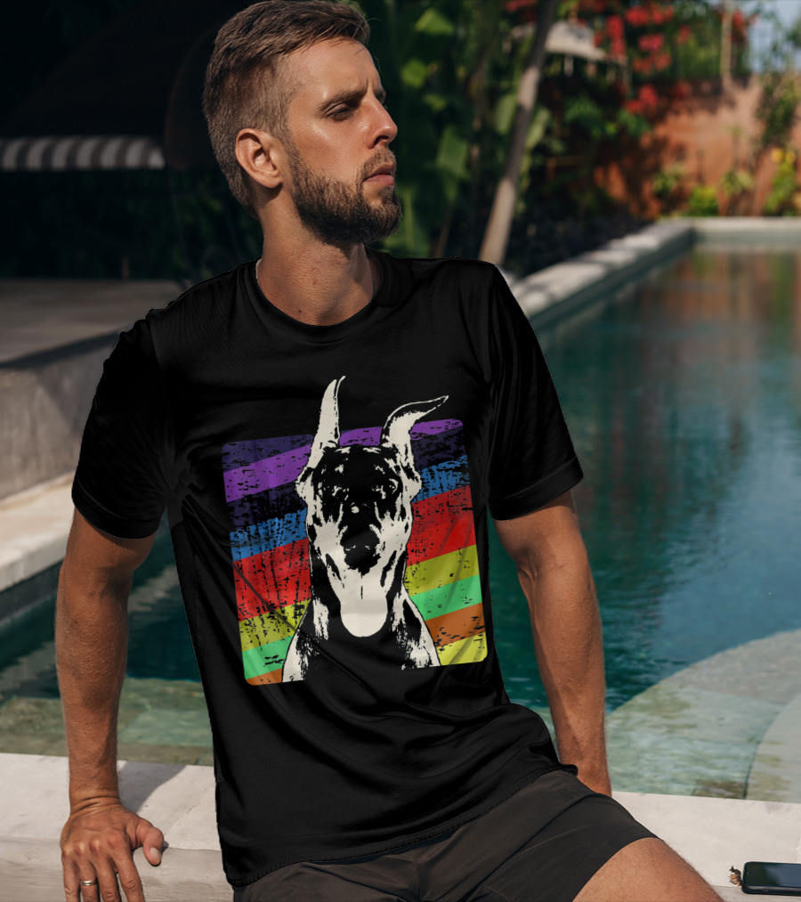 Classic Vintage Doberman Pinscher Rainbow Stripes Retro T-Shirt