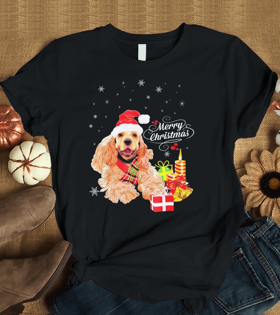 Cocker Spaniel Merry Christmas Santa Hat Presents Candles Snowflakes T-Shirt