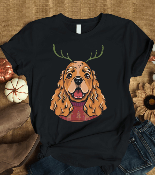 T-Shirt: Cocker Spaniel Dog with Reindeer Antlers and Holiday T-Shirt Cocker Spaniel Dog with Reindeer Antlers and Holiday T-Shirt
