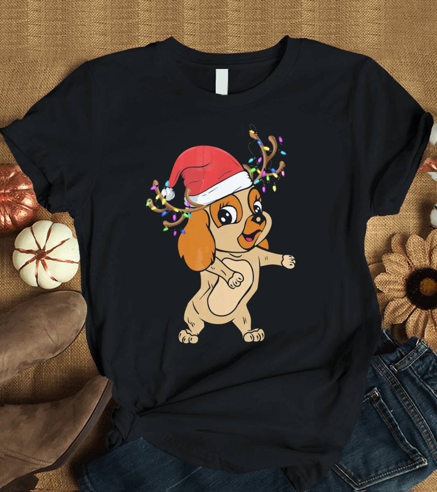 Cocker Spaniel Reindeer Christmas Funny Dog with Santa Hat and Festive Antlers T-Shirt