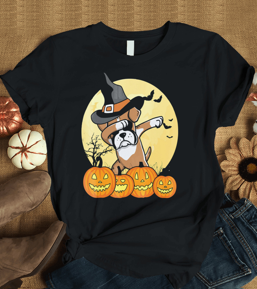 Dabbing Boxer Dog Witch Hat Pumpkin Halloween Dab Dance T-Shirt