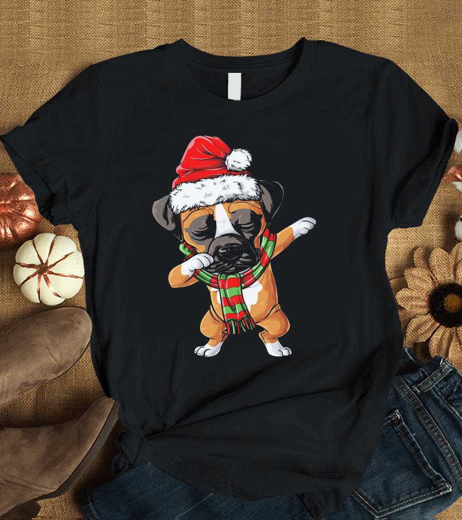 Boxer Dog Dabbing Santa Hat Christmas Scarf T-Shirt