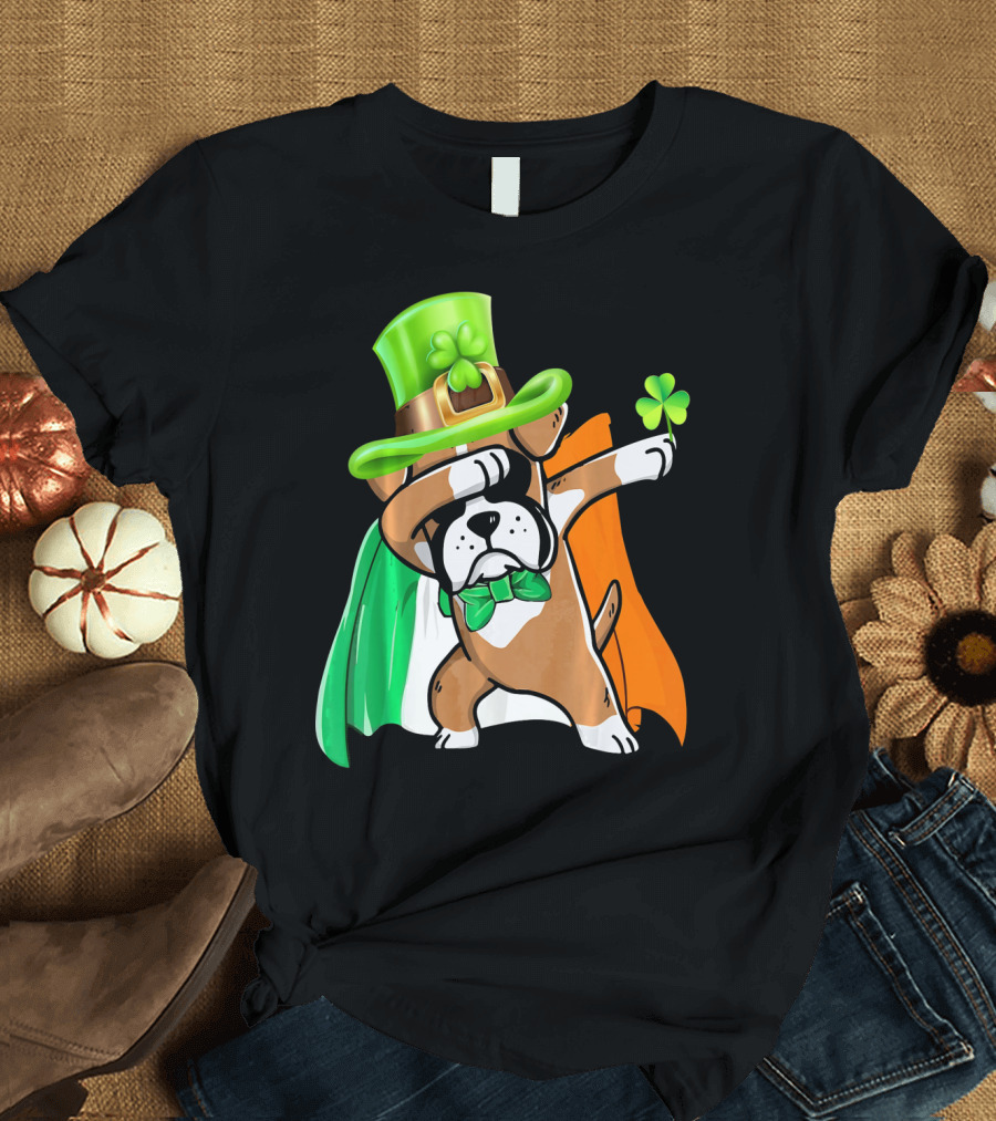 Lucky Boxer Dabbing with Irish Flag and Shamrock Hat T-Shirt