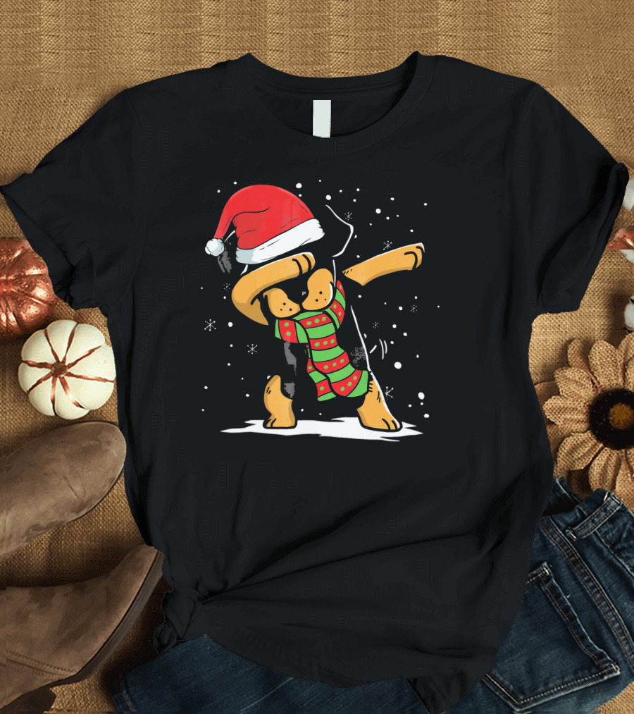 Dabbing Rottweiler Santa Christmas Dog with Scarf Love T-Shirt