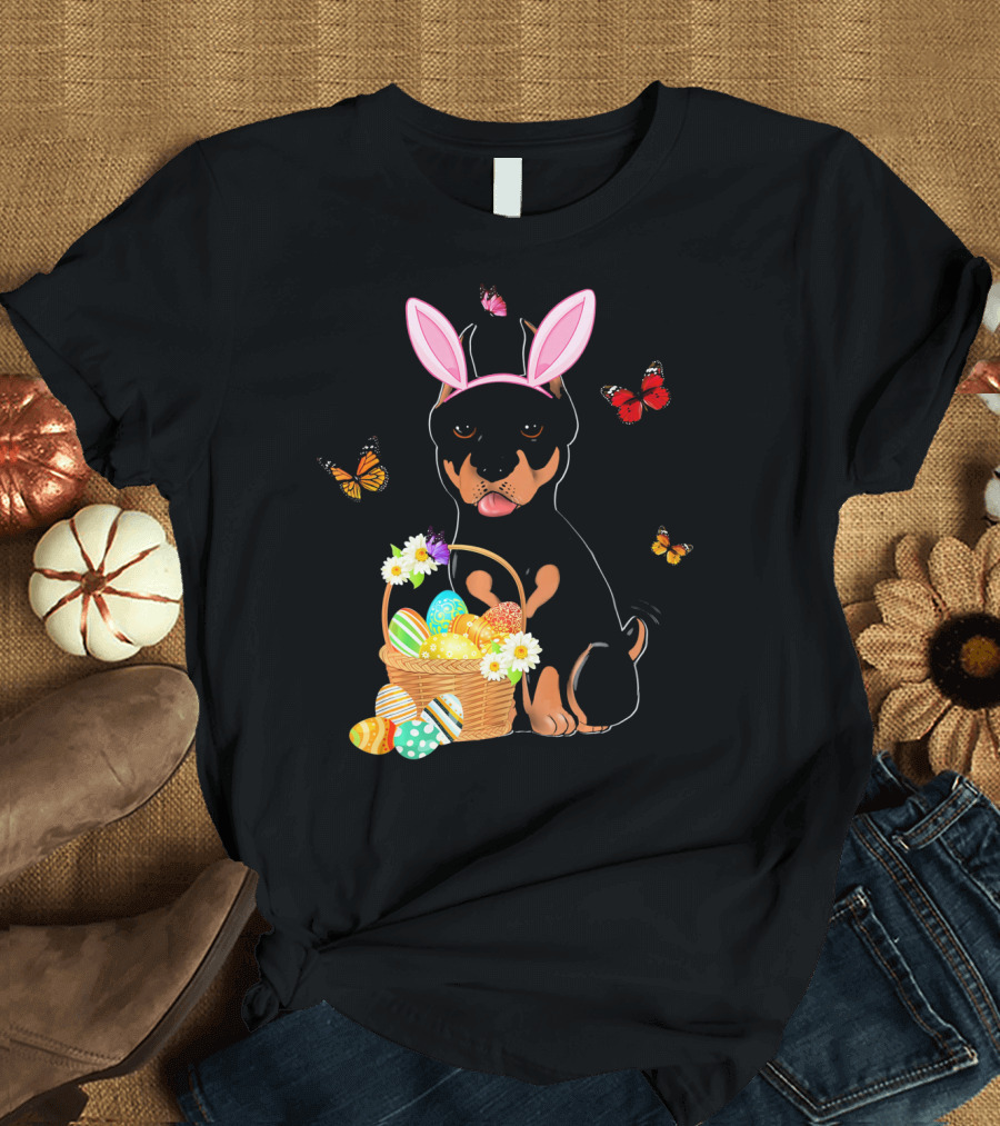 Doberman Bunny Hat Rabbit with Basket of Easter Eggs and Butterflies T-Shirt