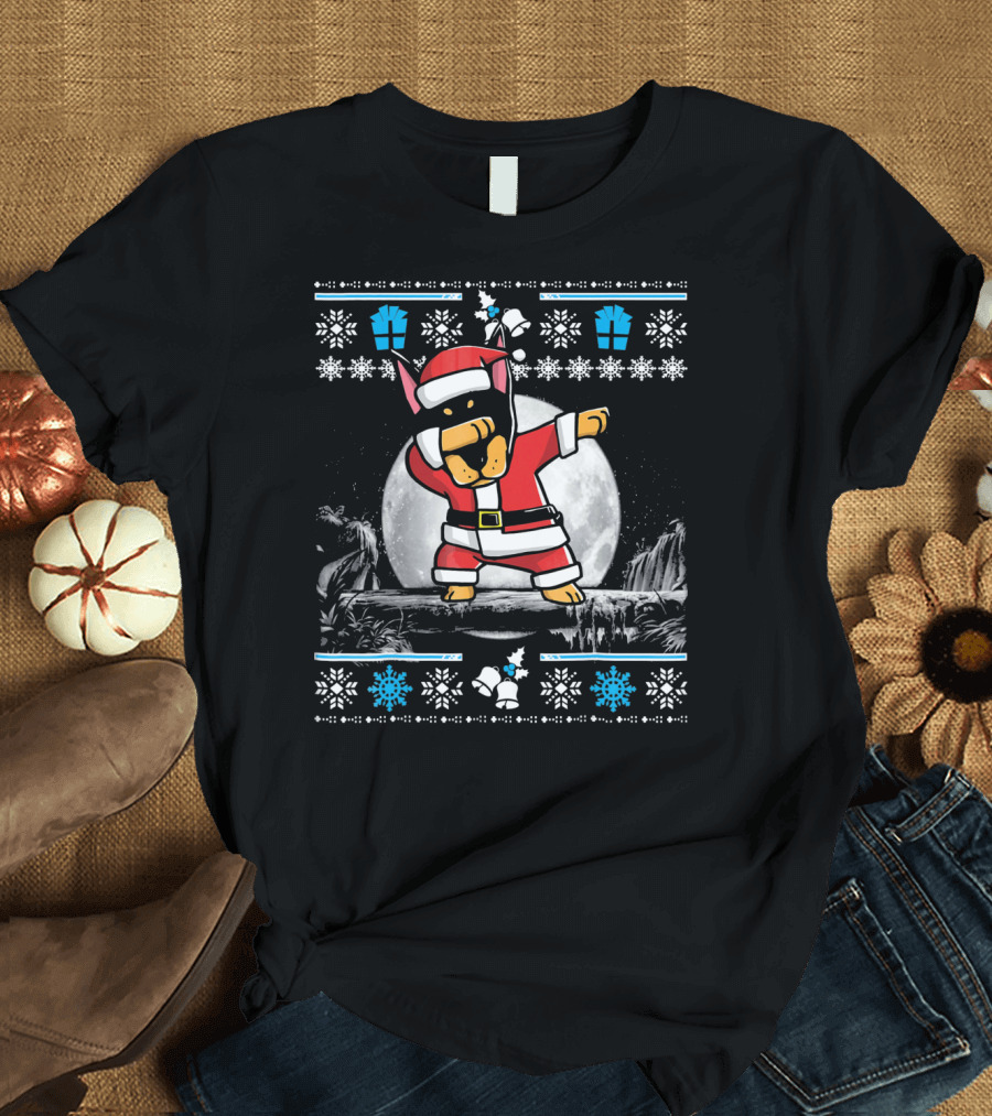 Doberman Pinscher Santa Claus Dabbing Christmas Sweater Moon Snowflake Gift T-Shirt