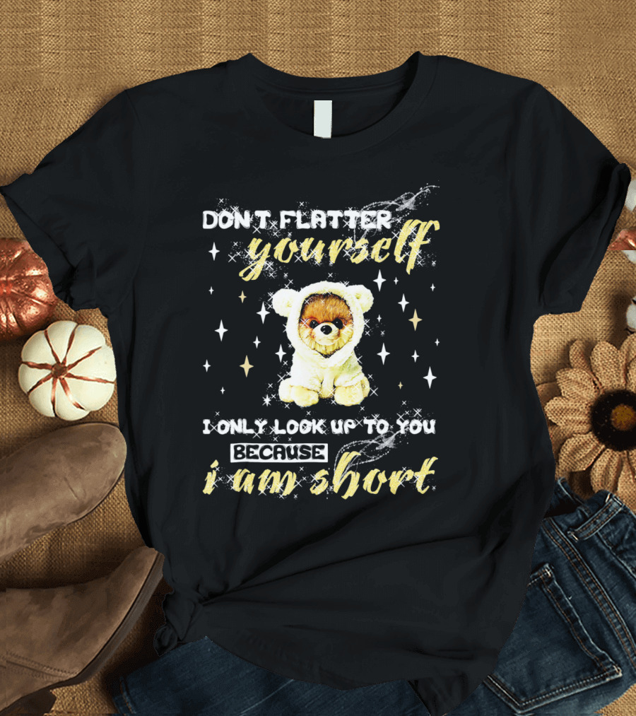 Don't Flatter Yourself I Only Look Up To You Because I Am Short Funny Pomeranian Dog T-Shirt