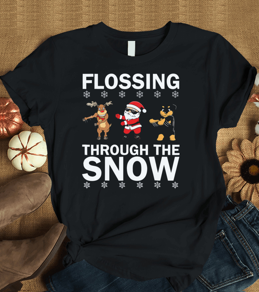 Flossing Through The Snow Santa Reindeer Rottweiler T-Shirt