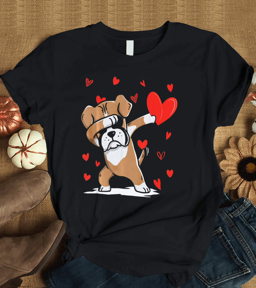 Dabbing Boxer Dog Holding Heart with Valentines Day T-Shirt