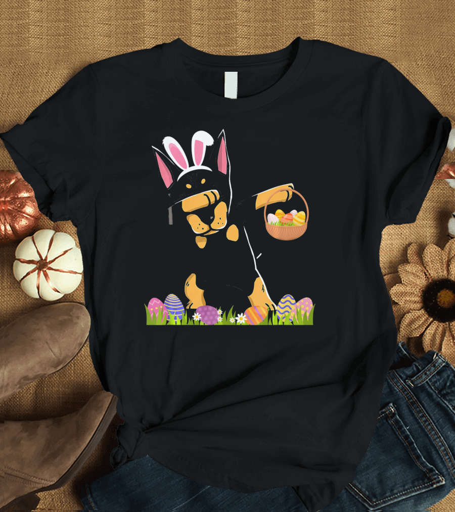Doberman Dabbing with Bunny Ears and Easter Basket of Eggs T-Shirt