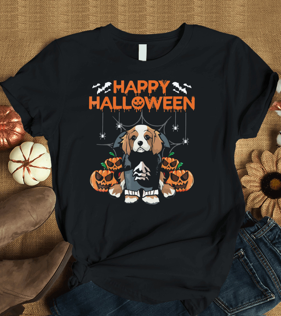 Happy Halloween Vampire Cavalier Dog Surrounded by Pumpkins and Bats T-Shirt