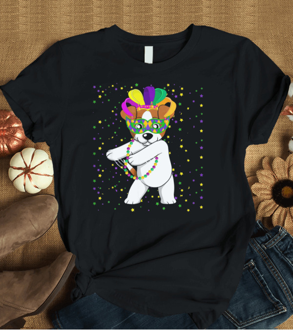 T-Shirt: Jack Russell Flossing Jester Hat Mardi Gras Beads Dog T-Shirt Jack Russell Flossing Jester Hat Mardi Gras Beads Dog T-Shirt