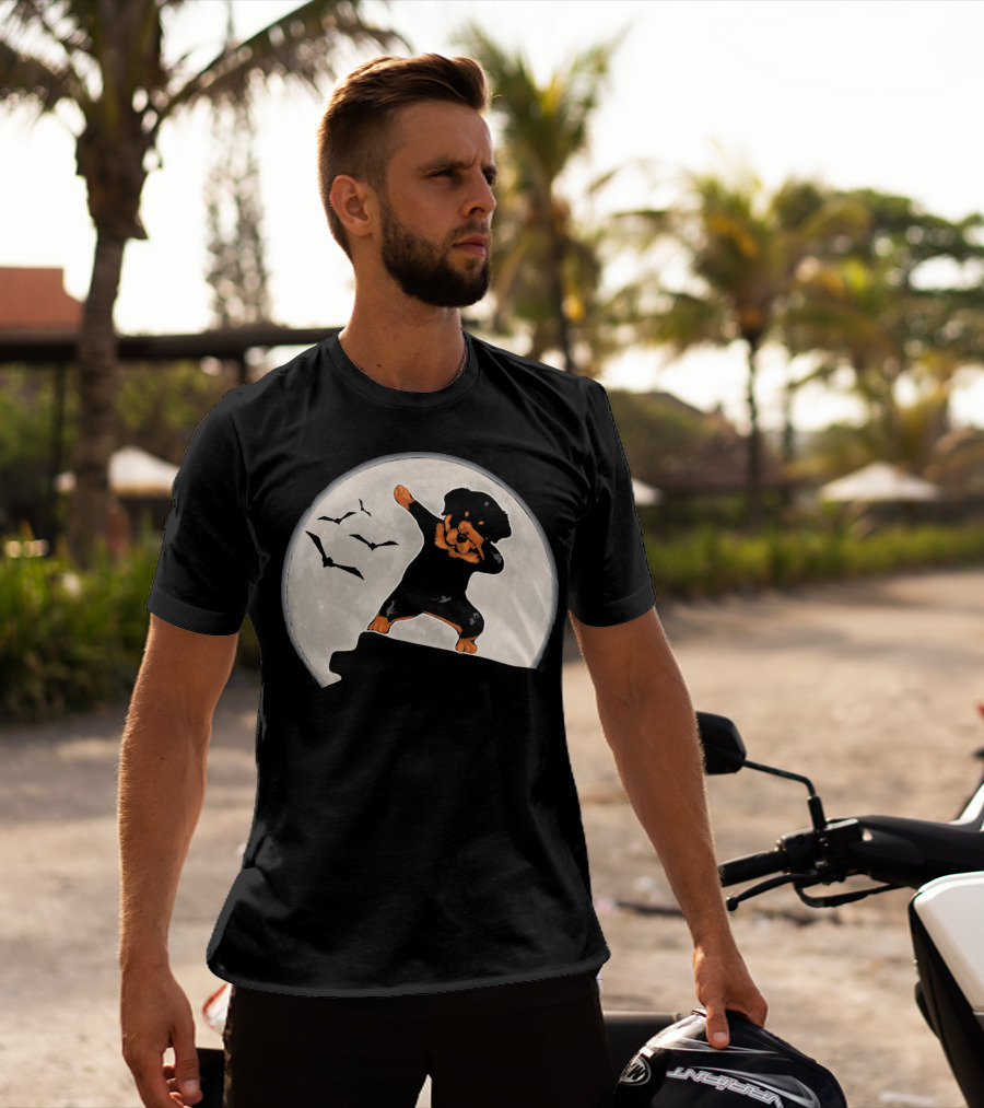 Funny Rottweiler Dabbing Dog Halloween Costume With Moon And Bats T-Shirt