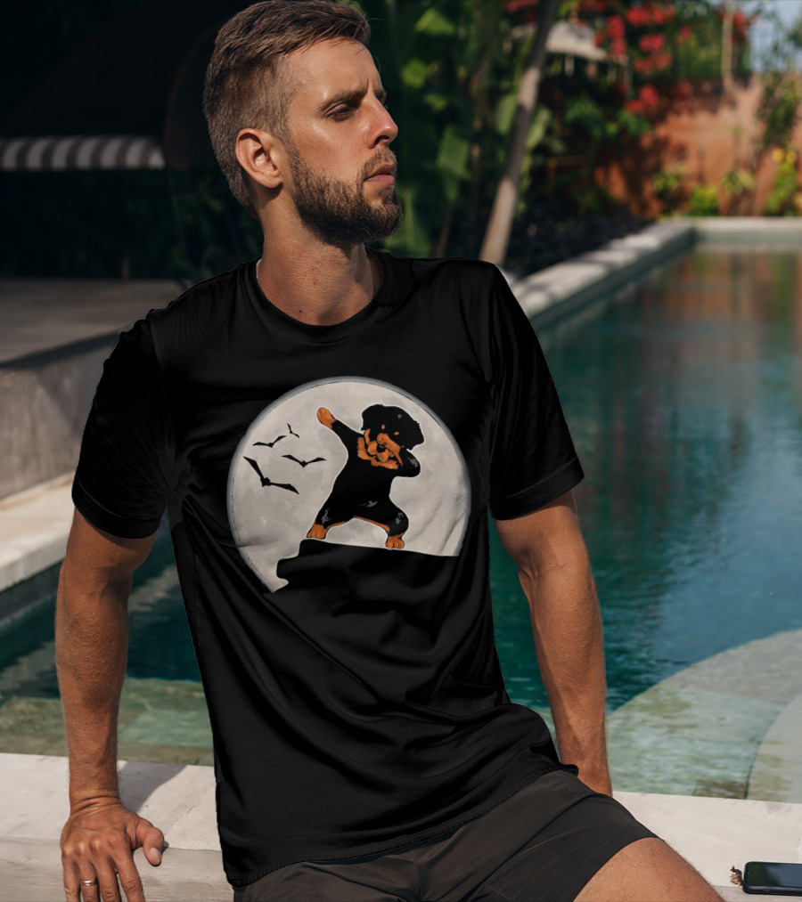 Funny Rottweiler Dabbing Dog Halloween Costume With Moon And Bats T-Shirt