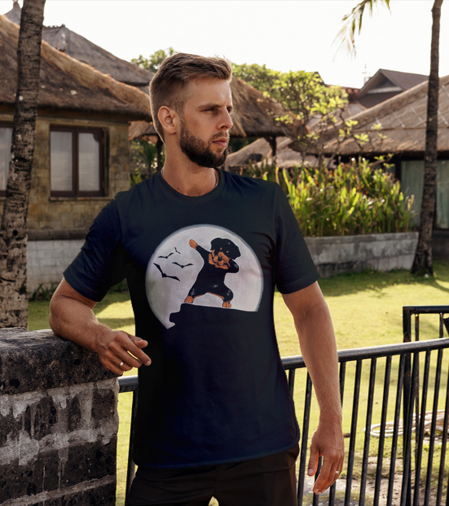 Funny Rottweiler Dabbing Dog Halloween Costume With Moon And Bats T-Shirt