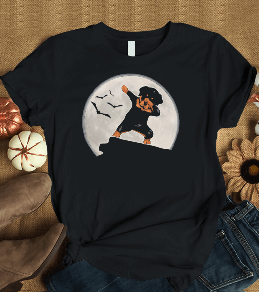 Funny Rottweiler Dabbing Dog Halloween Costume with Moon and Bats T-Shirt