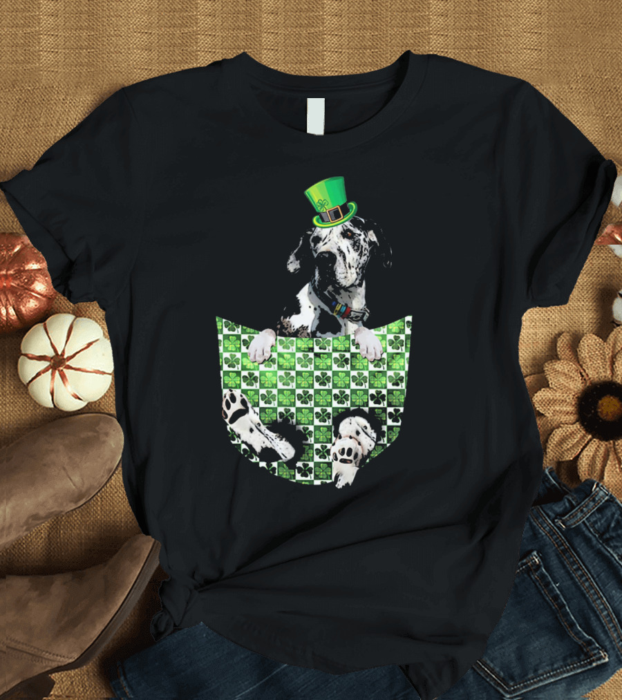 Great Dane in Pocket with Green Shamrock Patrick Hat T-Shirt