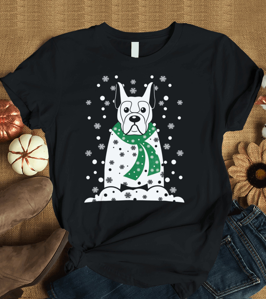Great Dane Snowman with Green Scarf and Falling Snowflakes T-Shirt