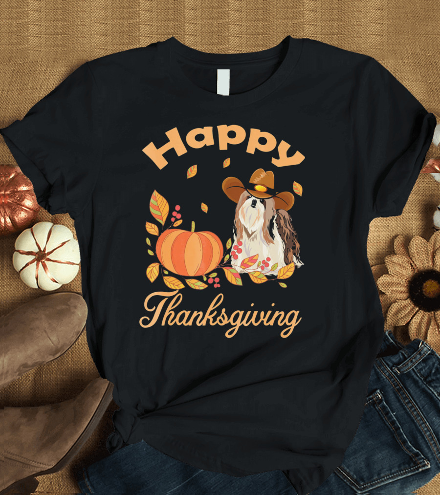 Happy Thanksgiving Shih Tzu Cowboy Pumpkin Leaves T-Shirt