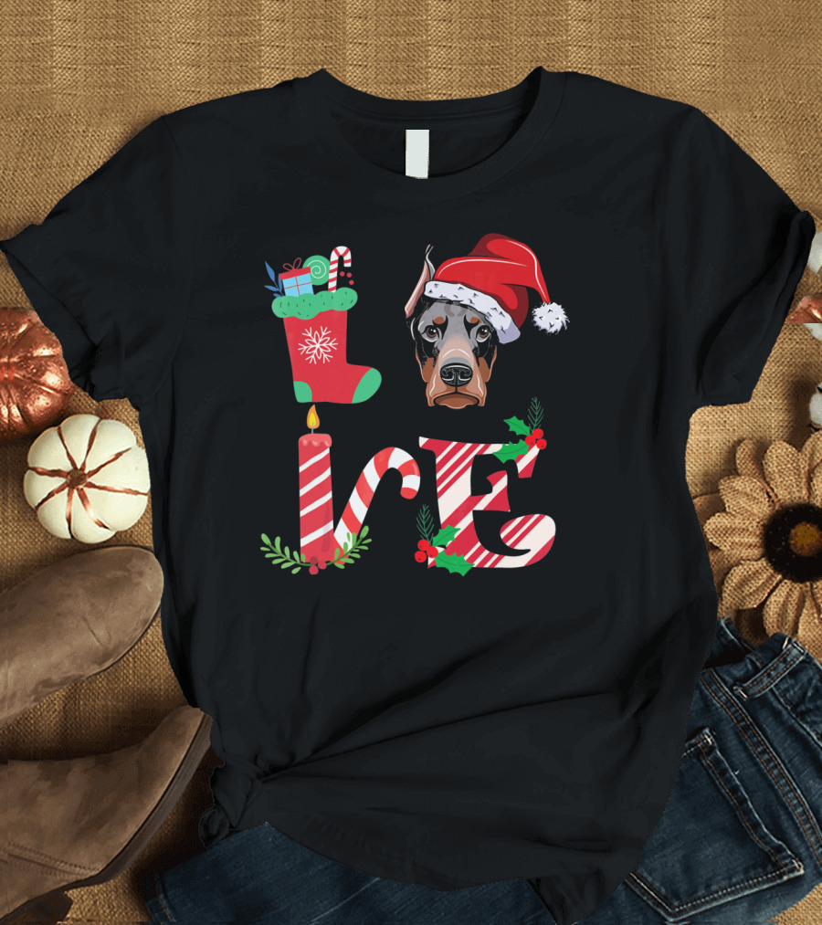 I Love My Doberman Lovers Owners Christmas Santa Hat Stocking Candle T-Shirt