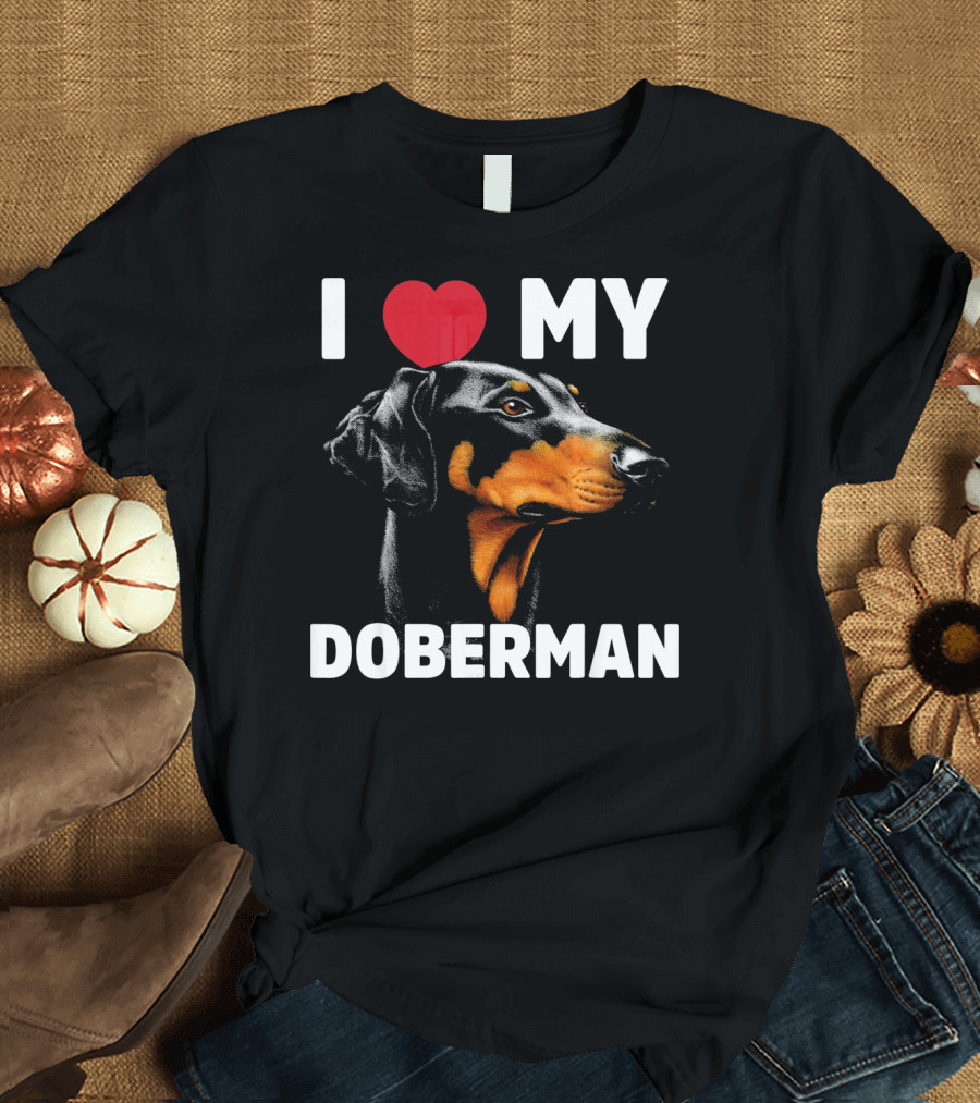 I Love My Doberman Heart Black Background Realistic T-Shirt