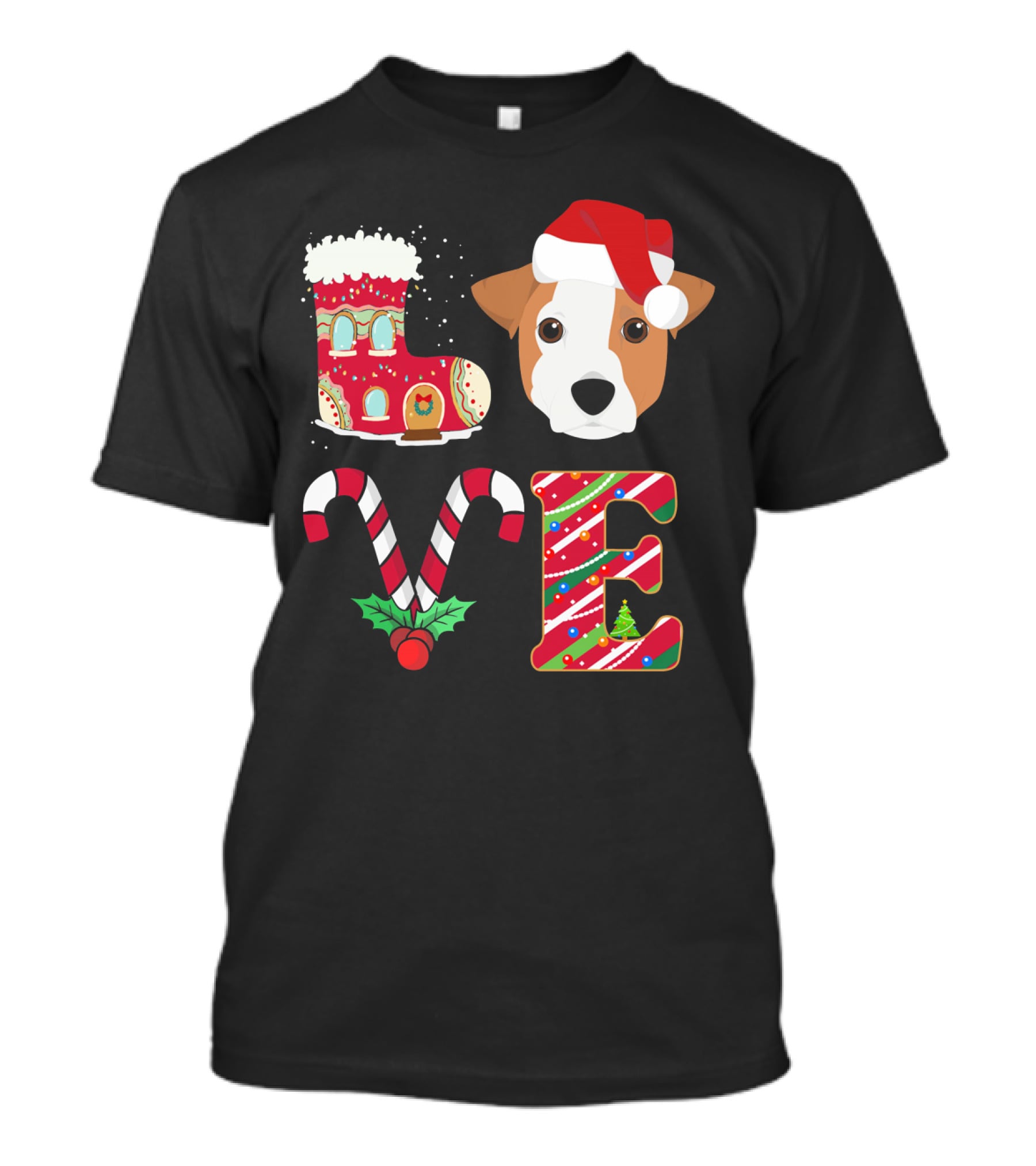 I Love My Jack Russell Terrier Christmas Holiday Santa Hat Candy Cane Gingerbread Boot T-Shirt