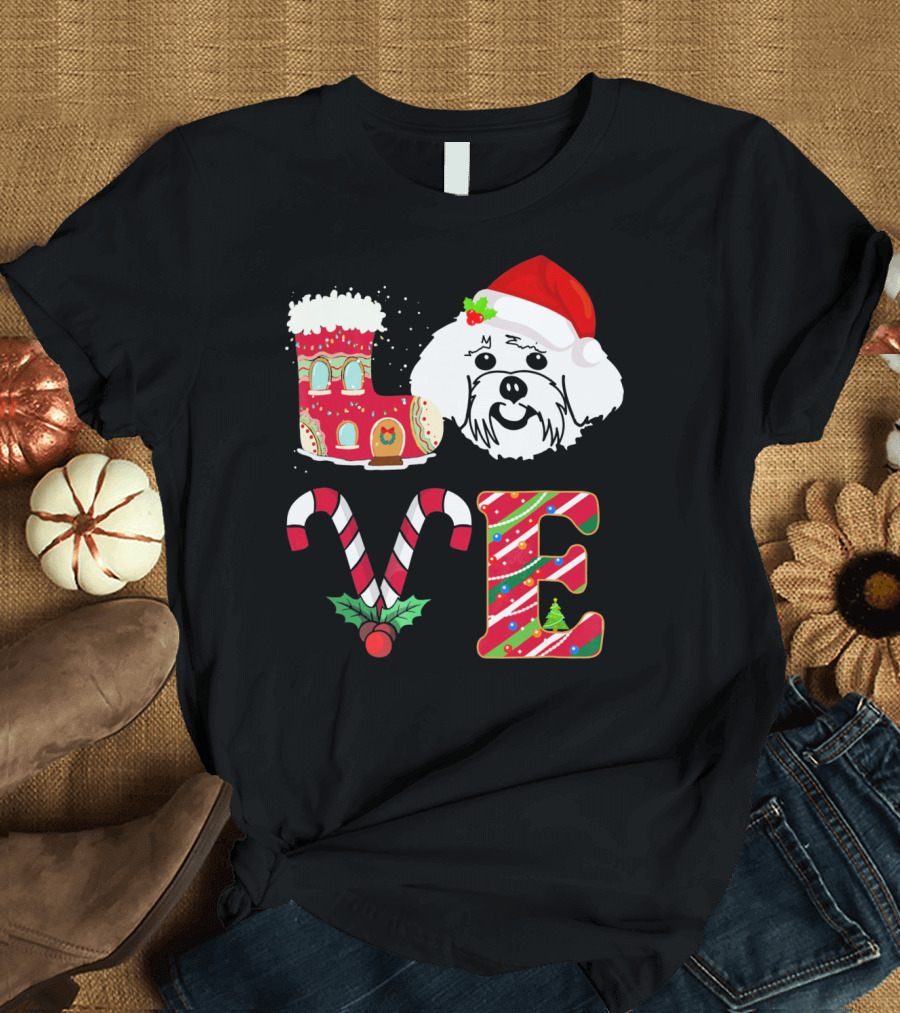 I Love My Maltese Christmas Candy Cane Gingerbread Santa Hat T-Shirt