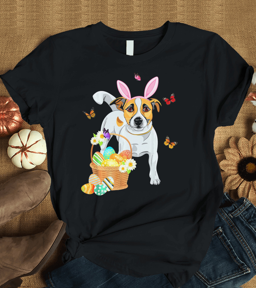 Jack Russell Bunny Hat Easter Eggs Basket Butterflies T-Shirt