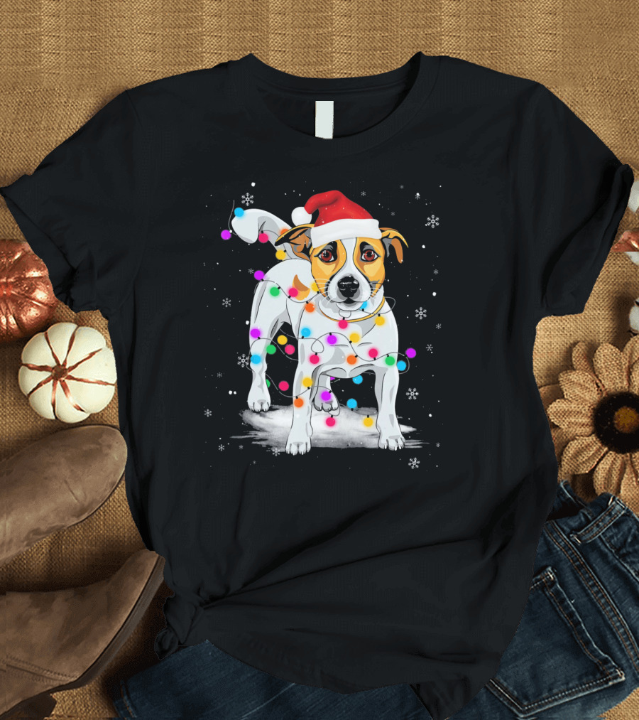 Jack Russell Terrier Santa Hat Wrapped in Christmas Lights Snowflakes T-Shirt