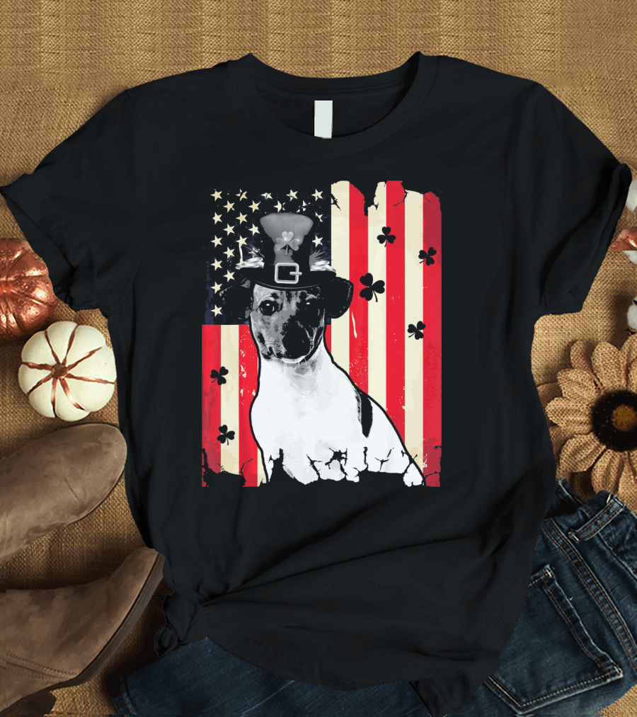 Jack Russell Terrier American Flag St Patricks Day With Shamrocks T-Shirt