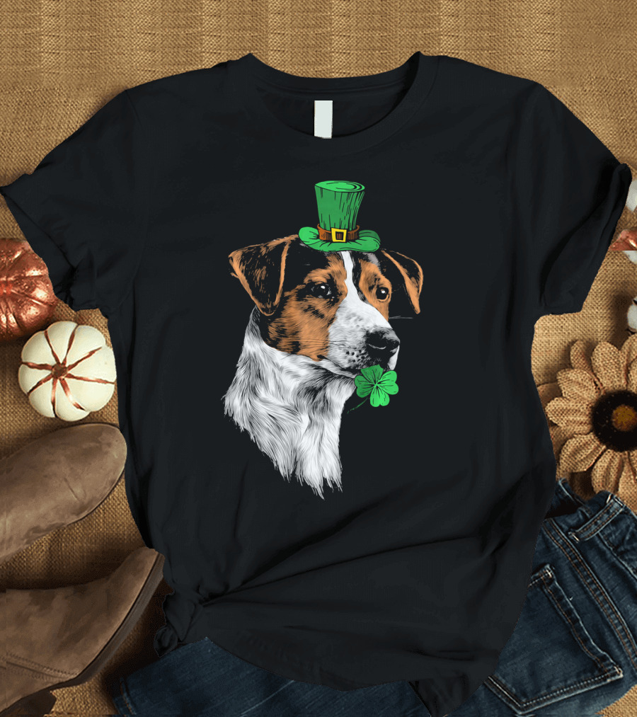 Jack Russell Terrier with Leprechaun Hat and Shamrock St Patrick's Day T-Shirt