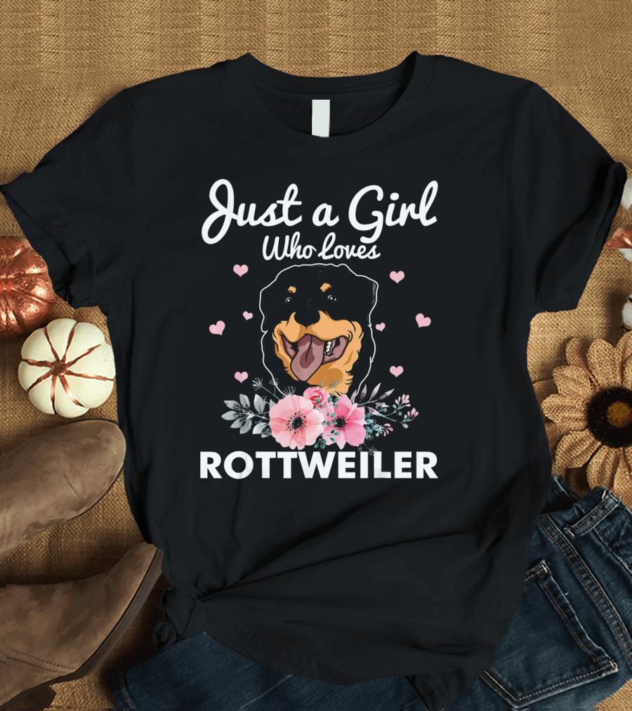 Just a Girl Who Loves Rottweiler with Floral Accents and Heart Details T-Shirt