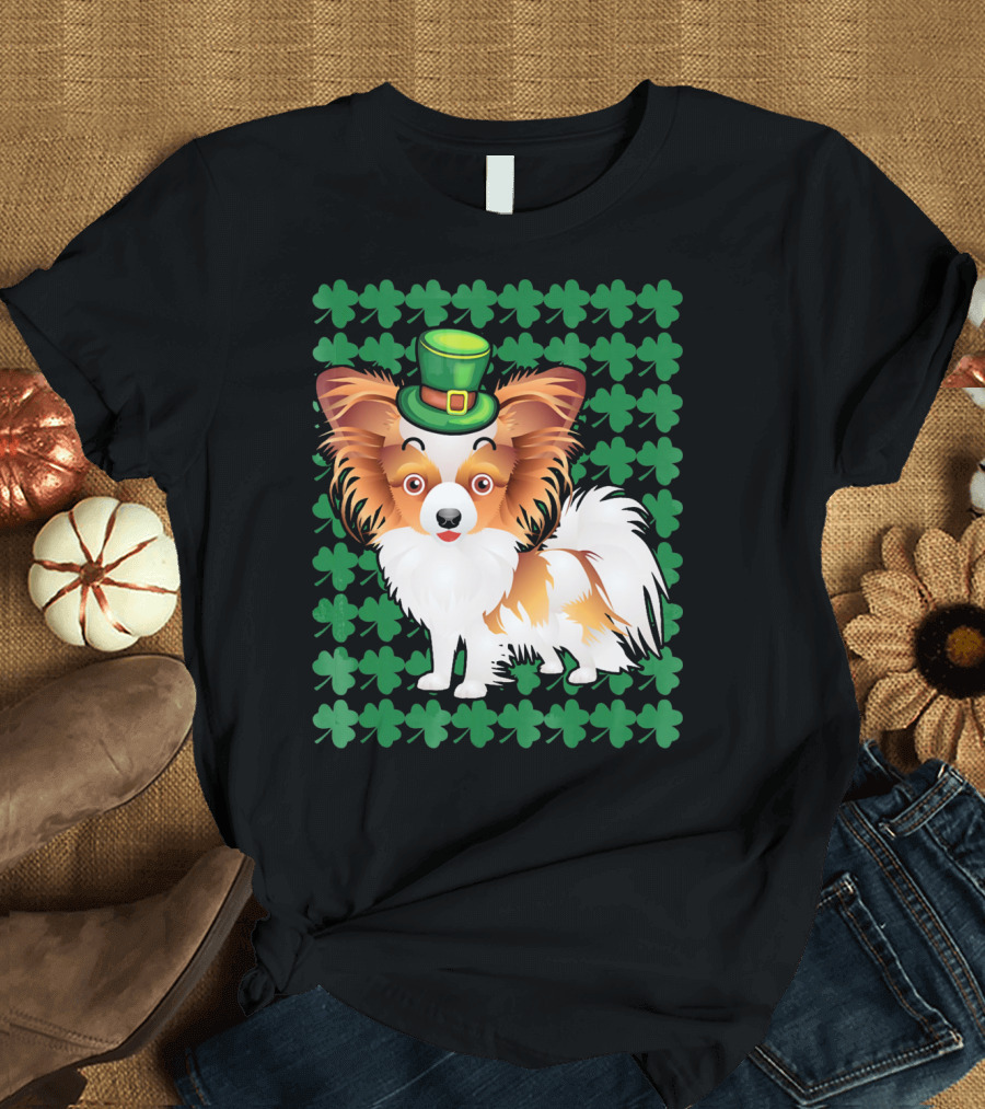 Papillon Dog in Leprechaun Hat Surrounded by Clover T-Shirt