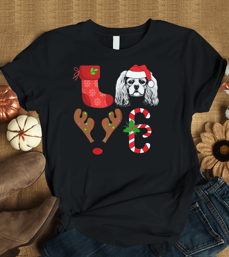 Love Cavalier King Charles Spaniel Santa Reindeer Candy Cane Stocking T-Shirt