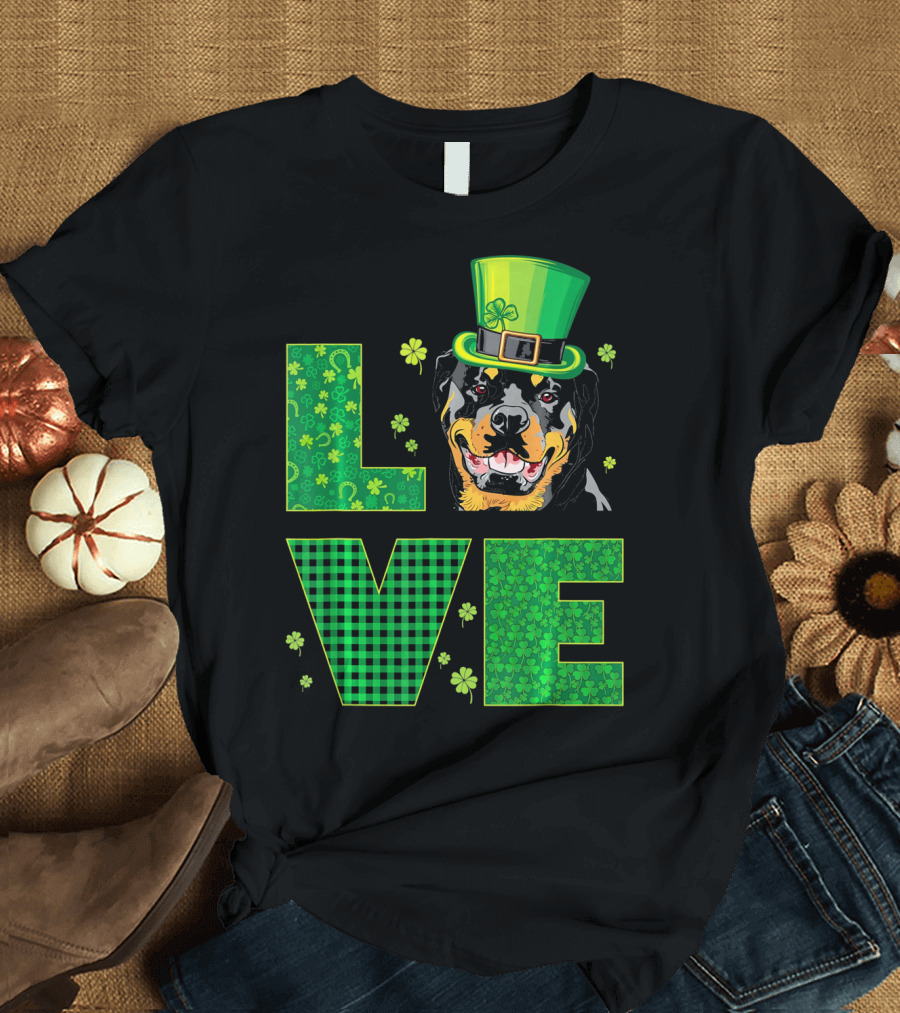 Love Rottweiler St. Patrick's Day Hat Green Shamrock Leaf T-Shirt
