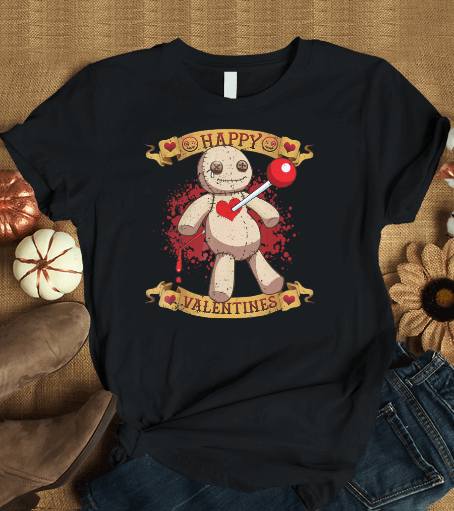 Happy Valentines Voodoo Doll with Heart and Lollipop Stabbing T-Shirt