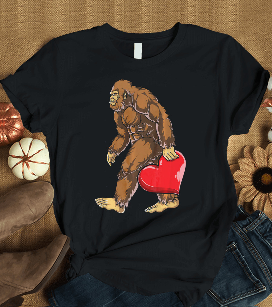 Bigfoot Carrying Heart Funny Valentine's Day T-Shirt