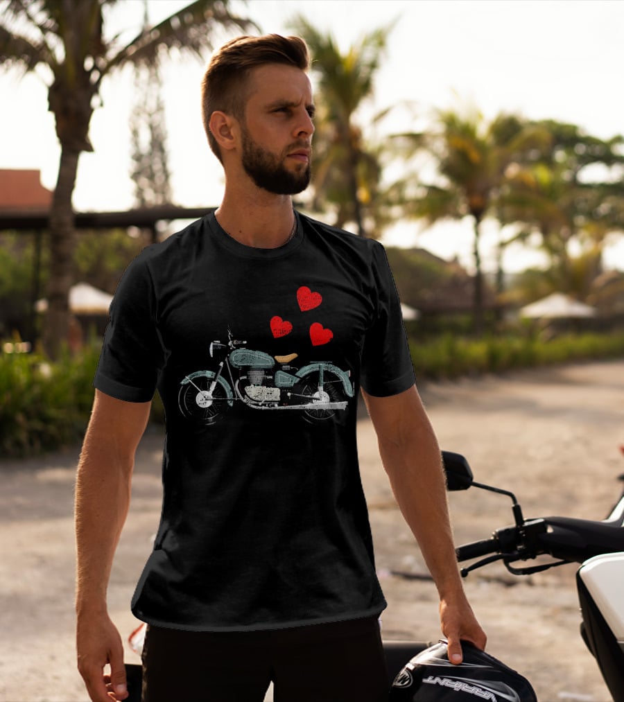 Boys Men Motorcycle With Floating Hearts Valentines T-Shirt