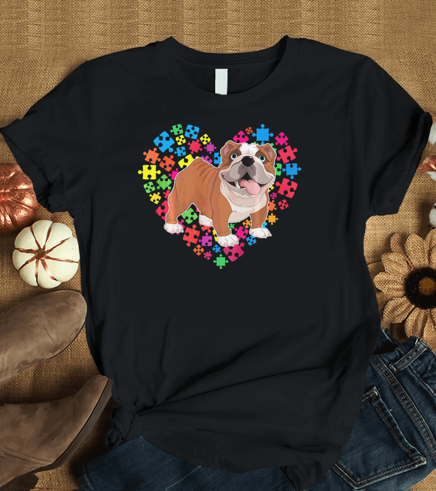 Bulldog Valentine Heart with Colorful Puzzle Pieces Background T-Shirt