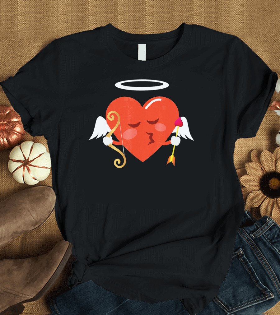 Cupid Heart Emoji Kiss Mwah Valent Winged Bow Arrow Halo T-Shirt