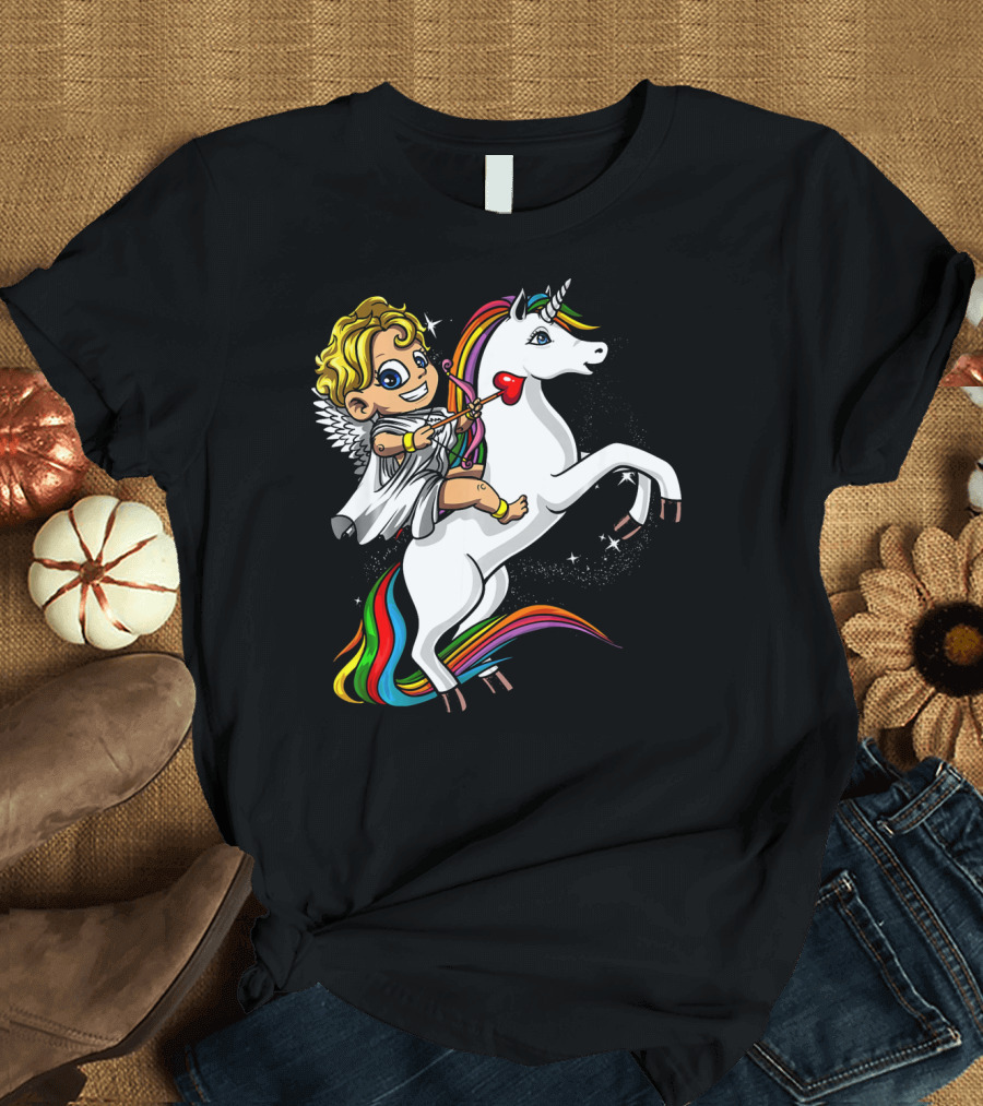 Cupid Riding Colorful Unicorn Valentines Day Magic T-Shirt