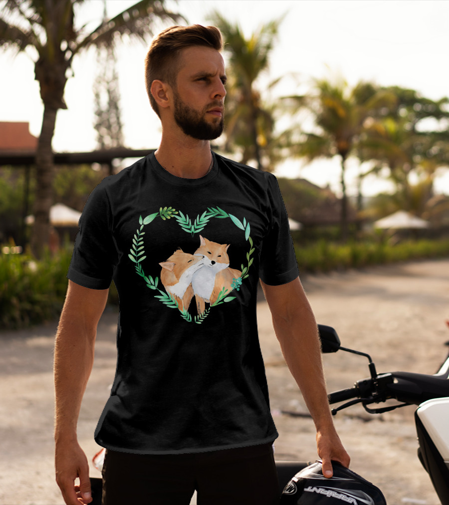 Cute Love Foxes Valentines Day Heart Greenery T-Shirt